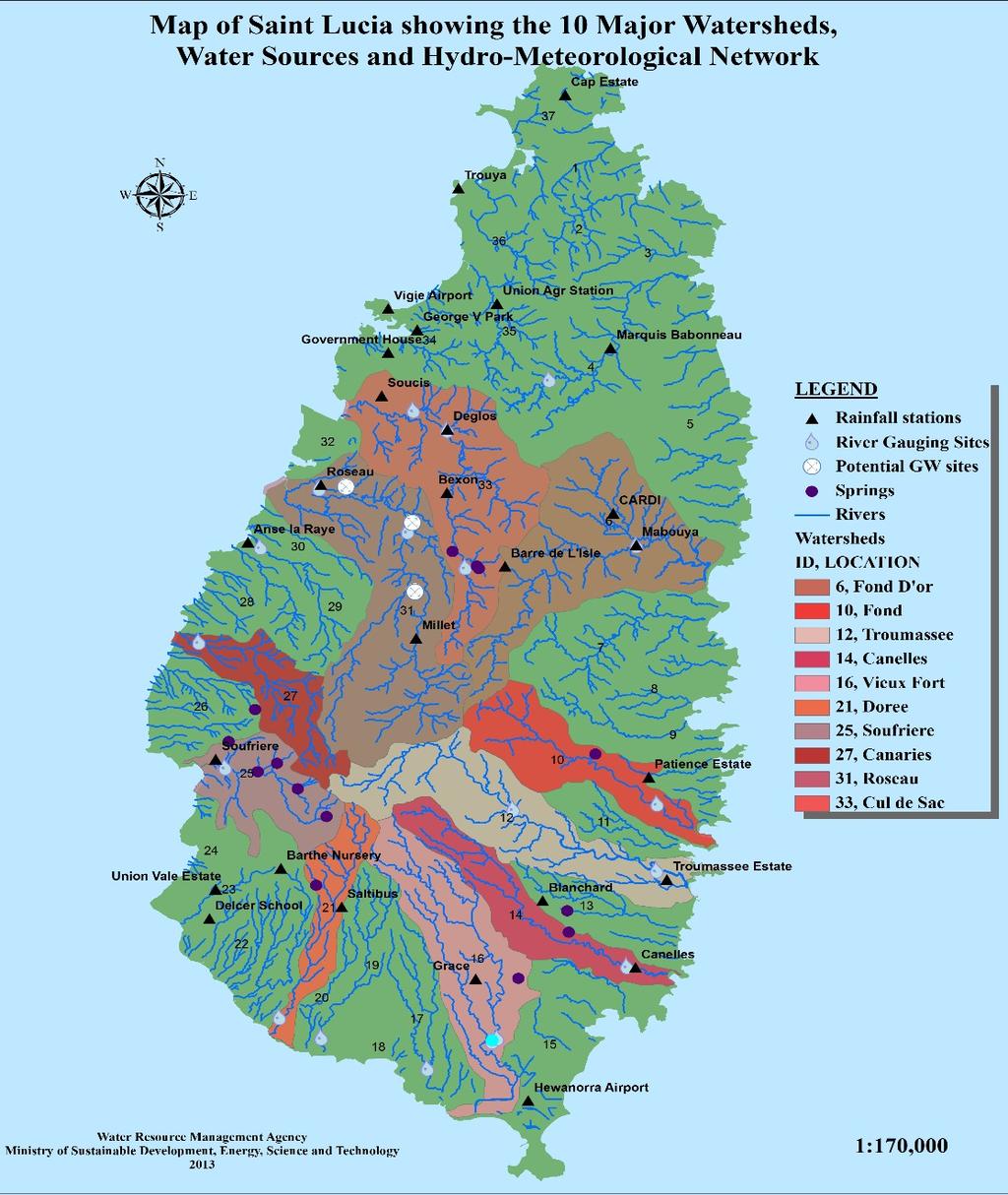 WATER RESOURCES OF SAINT LUCIA 37 watersheds- rugged mountainous upper watershed areas to low lying coastal areas 28