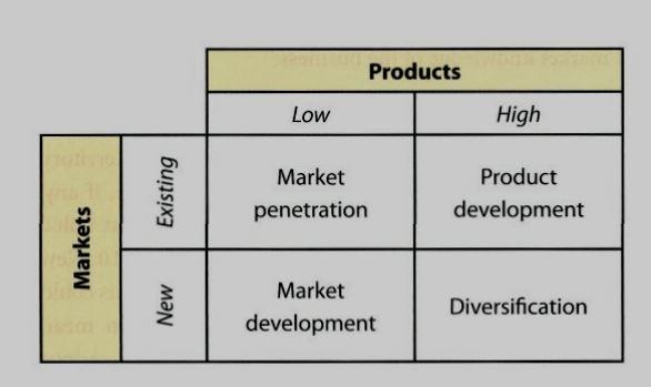 17 Market penetration This is low-risk growth strategy for businesses that choose to focus on selling existing products in existing markets..i.e to increase their market share of current products.