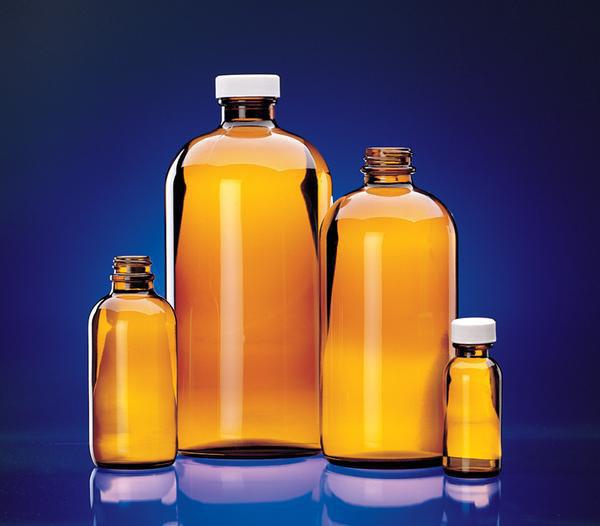 392 Amber Glass Boston Round Bottles w/caps. This narrow-mouth, amber glass bottle is ideal for solvents, chemicals and sample storage.