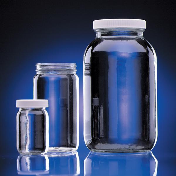 394 Clear Glass Standard Wide-Mouth Bottles w/caps. These clear glass wide-mouth bottles have some of the largest bottle capacities available in a ready-to-use sample storage container.