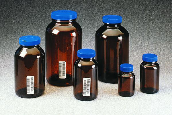 395 Amber Wide-Mouth Environmental Sample Jars, Tall Form. I-Chem Tall wide-mouth amber Type III glass jar/bottle with Teflon -lined, polypropylene closure.