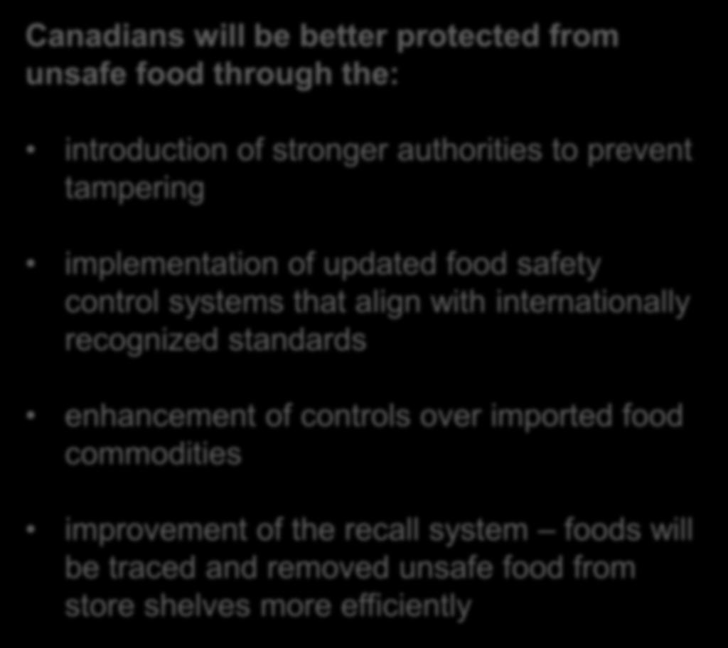 Benefits of the SFCA and the SFCR CFIA Canadians will be better protected from unsafe food through the: introduction of stronger authorities to prevent tampering Consumers implementation of updated