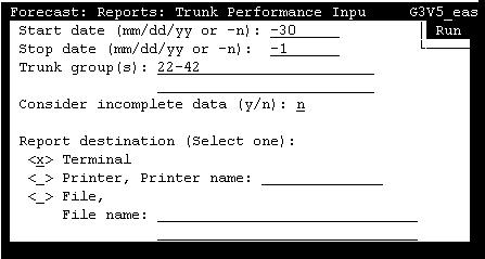 Trunk Performance Report CentreVu CMS R3V5 Forecast 585-215-825 Trunk Performance Input Window 5-4 Trunk Performance Input Window 5 To run a Trunk Performance Report, you must complete the Trunk