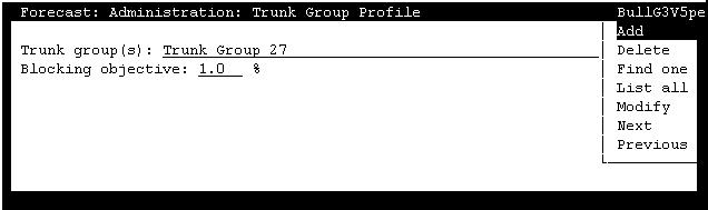 Forecast Administration CentreVu CMS R3V5 Forecast 585-215-825 Trunk Group Profile Administration 2-26 Trunk Group Profile Window 2 Use the Trunk Group Profile window (Figure 2-10) to specify a