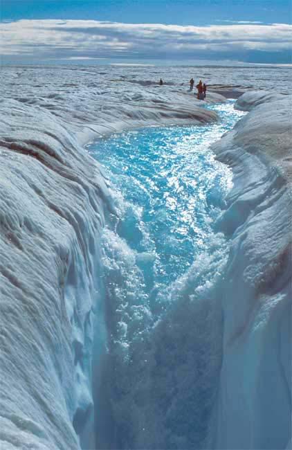 A Moulin A tunnel through which melt water flows to the bottom Provides lubrication between ice sheet and