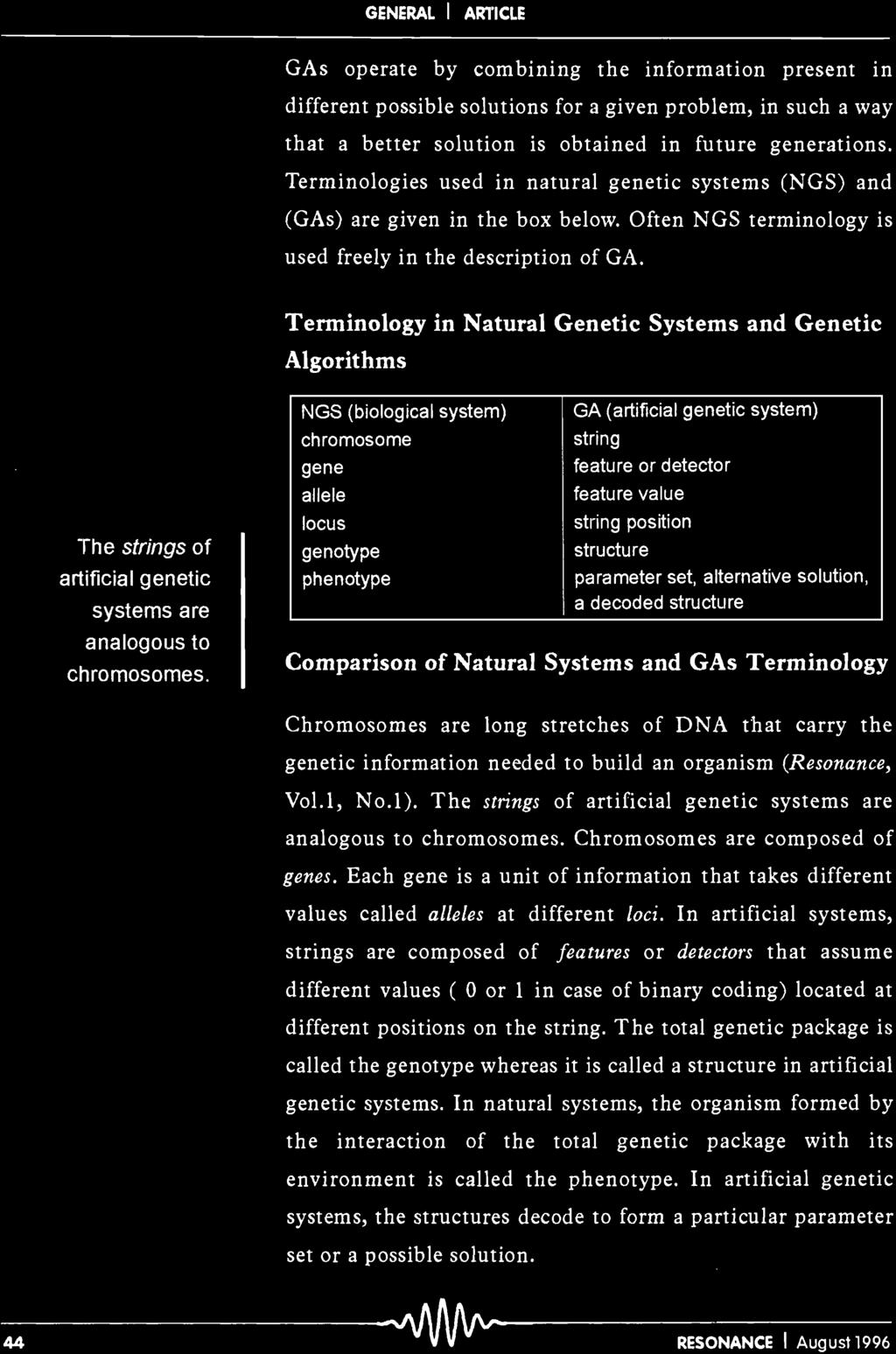 Terminology in Natural Genetic Systems and Genetic Algorithms The strings of artificial genetic systems are analogous to chromosomes.