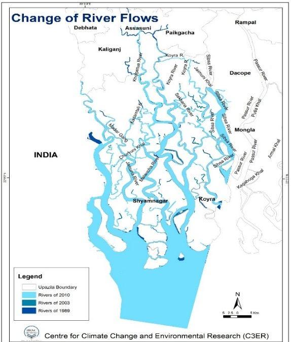 5. River Planform Analysis Over the last few decades, the local rivers Kalindi, Kholpetua, Kapatakkho and Madar of Shyamnagar Upazila, all has become narrower with time and dried up a bit in places.