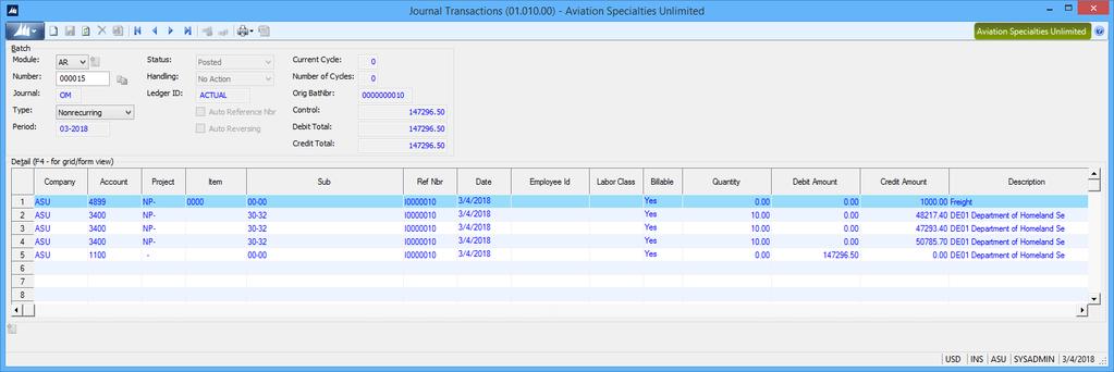 Journal Transactions AR entry to post the invoice and revenue.