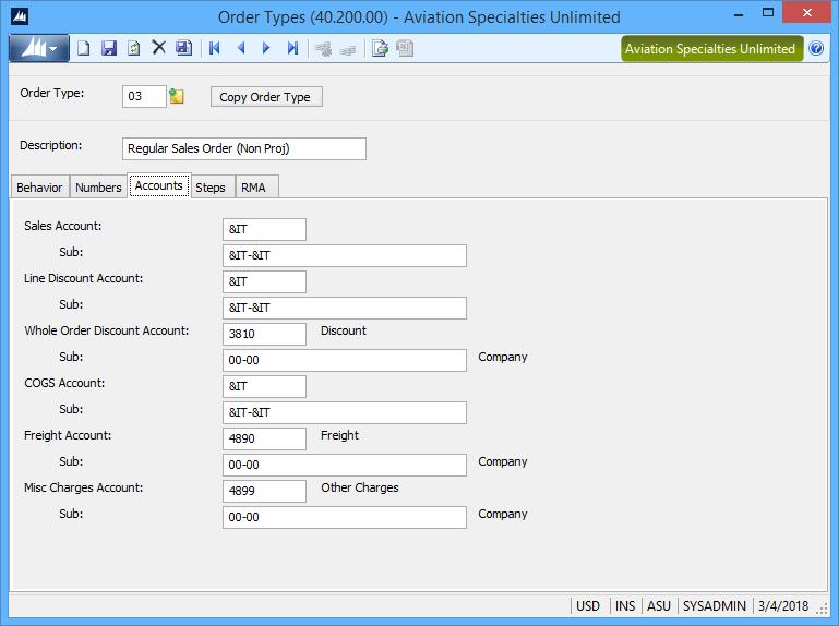 Order Types Accounts Tab - Accounts and subaccounts specified for Sales,