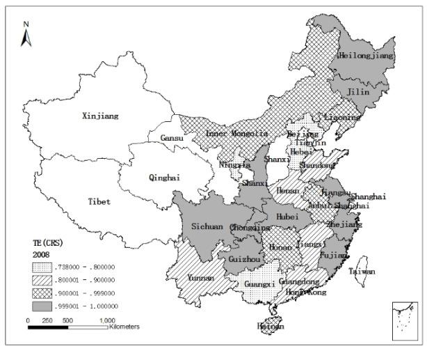 114 distribution of technical efficiency under CRS in 2013, most of the major producing regions are relatively efficient.