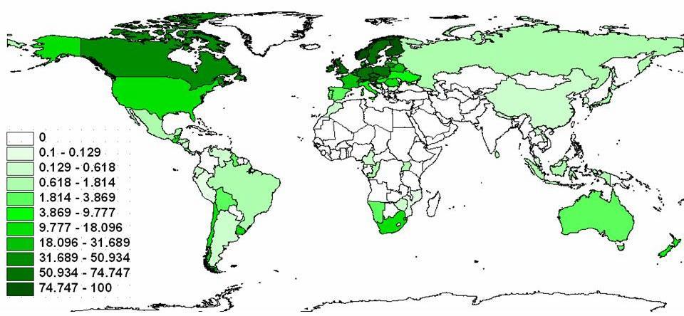 Global distribution of certified forest area as a percentage of total forest area by countries, 2007 Sources: