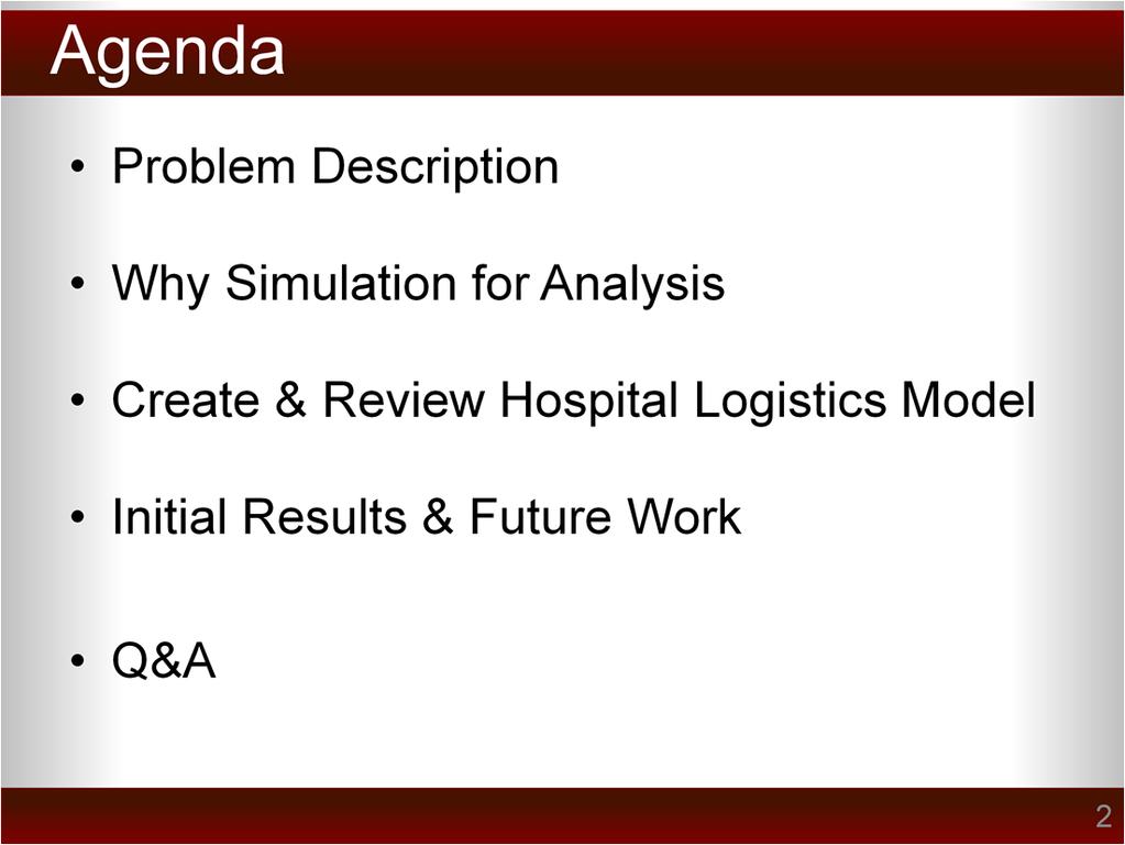 The agenda for this presentation begins with an explanation of the problem, and then continues to describe and demonstrate the simulation model that