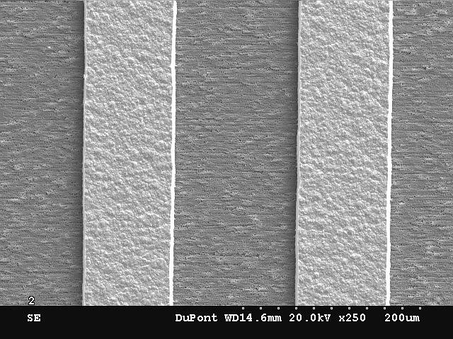 Figure 1: Surface SEM (250X) of 4 mil copper trace in Pyralux AP-PLUS all-polyimide thick copper-clad laminates showing all-polyimide smooth dielectric profile for improved signal integrity.