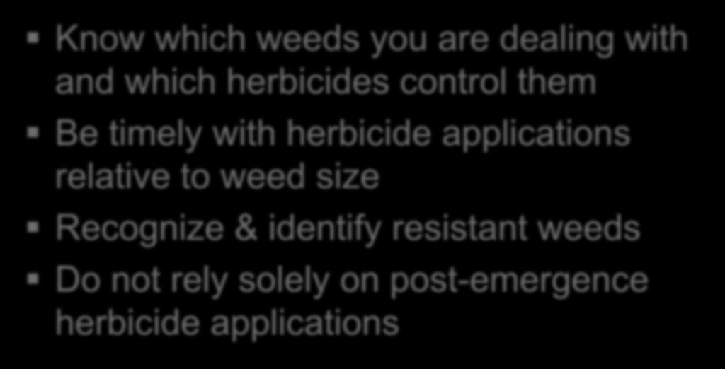 Recognize & identify resistant weeds Do not rely solely on post-emergence