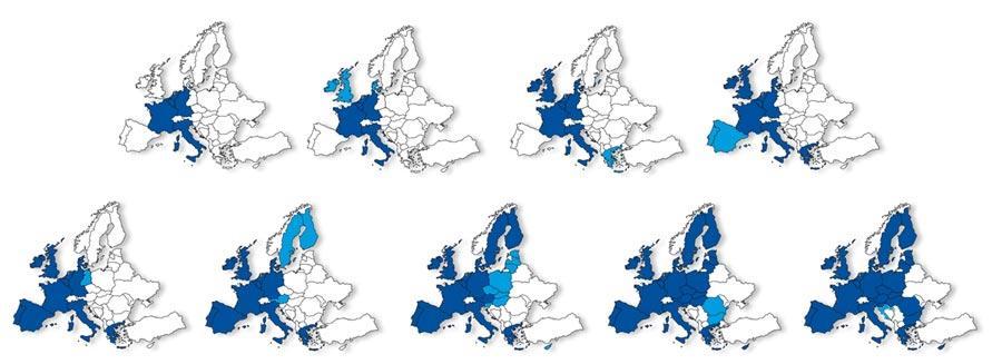 Widening integration Original members: Germany, France, Italy, Benelux 1973: UK, Ireland, Denmark 1981: Greece 1986: Portugal,