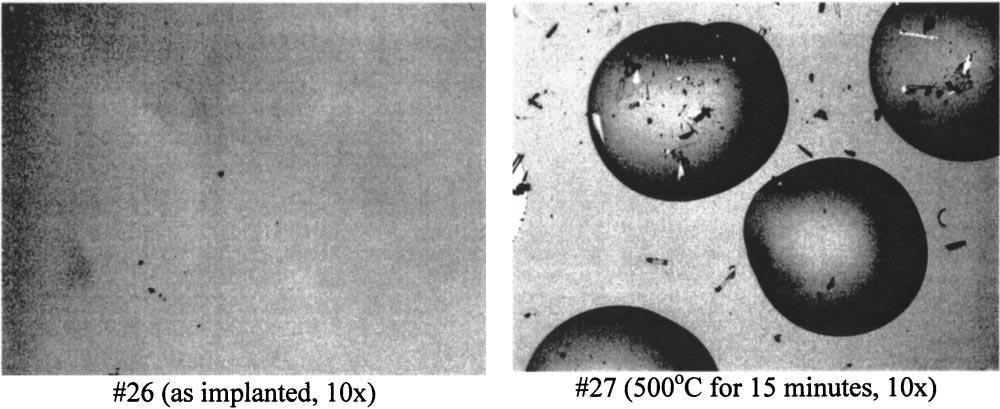 However, severe blistering results after 500 C annealing. Figure 7 shows the 50 magnification optical micrographs acquired from the low T polysilicon implanted with 10 dose.