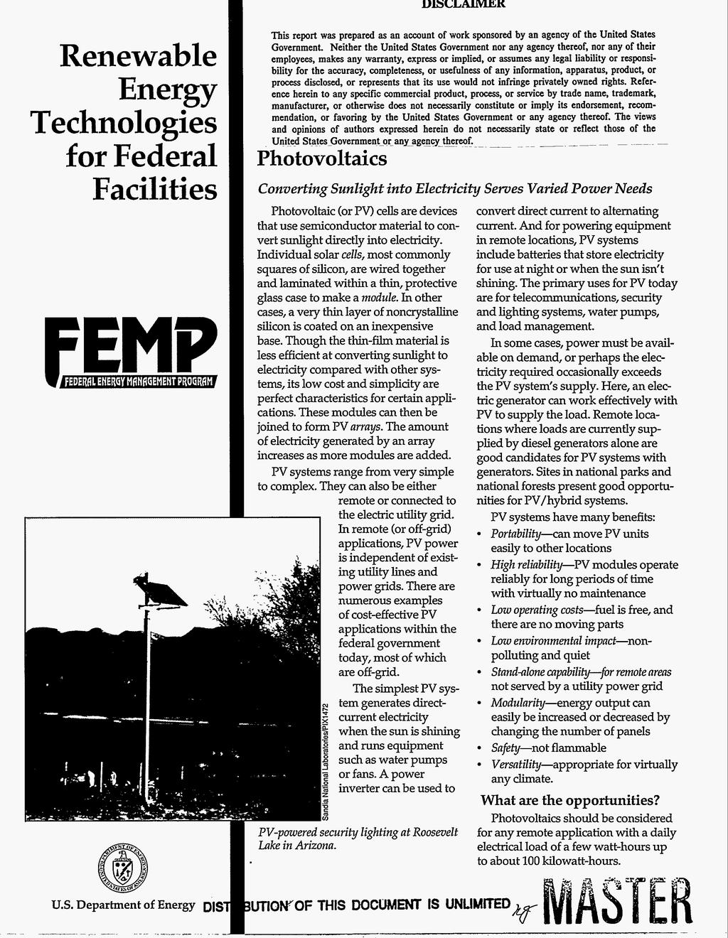 Renewable Energy Technologes for Federal Facltes Ths report was prepared as an account of work sponsored by an agency of the Unted States Government.
