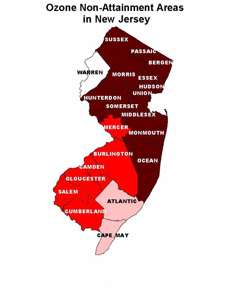 OZONE NON-ATTAINMENT AREAS IN NEW JERSEY The Clean Air Act requires that all areas of the country be evaluated and then classified as attainment or non-attainment areas for each of the National