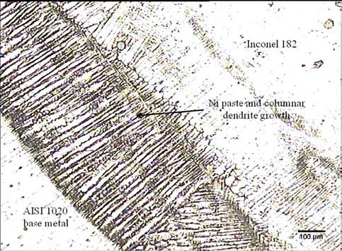 Figure 2- Microstructure of Ni paste deposited plate A Figure 3- Microstructure showing solidification cracks in Ni paste layer of plate A Figure 4- Microstructure showing