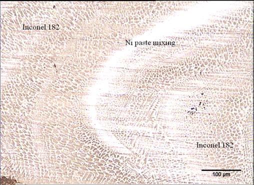The Ni paste deposited directly with Inconel 182 using SMAW process has been observed with complete mixing of Ni paste, Inconel 182 filler and AISI 1020 base metal.