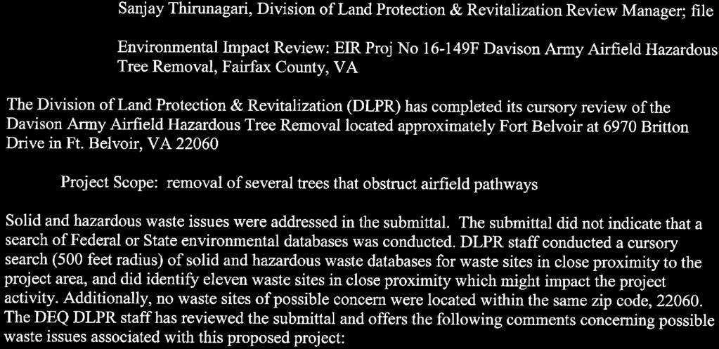 submittal. The submittal did not indicate that a search of Federal or State environmental databases was conducted.