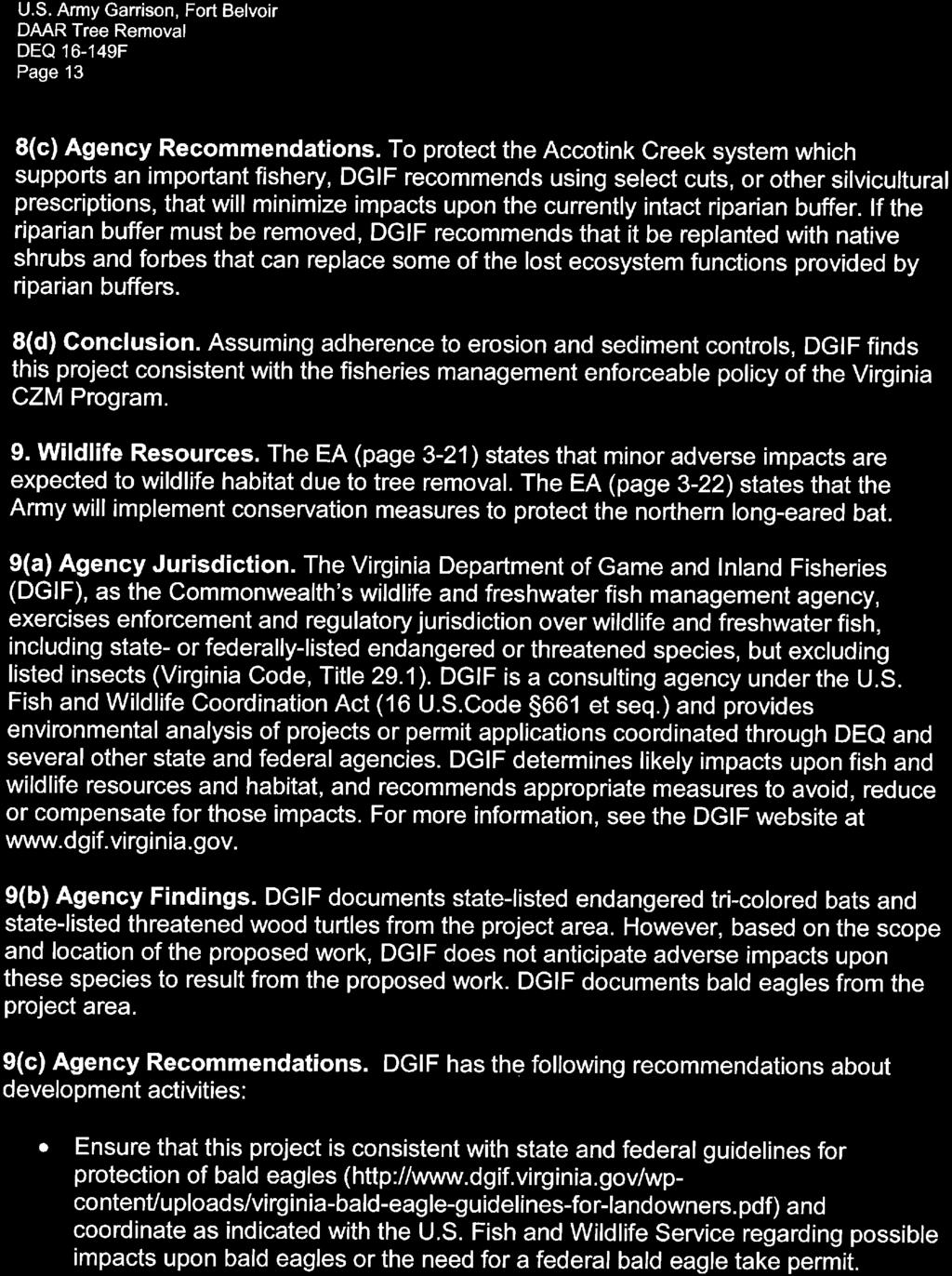 U. S. Army Garrison, Fort Belvoir DAAR Tree Removal DEQ 16-149F Page 13 8(c) Agency Recommendations.