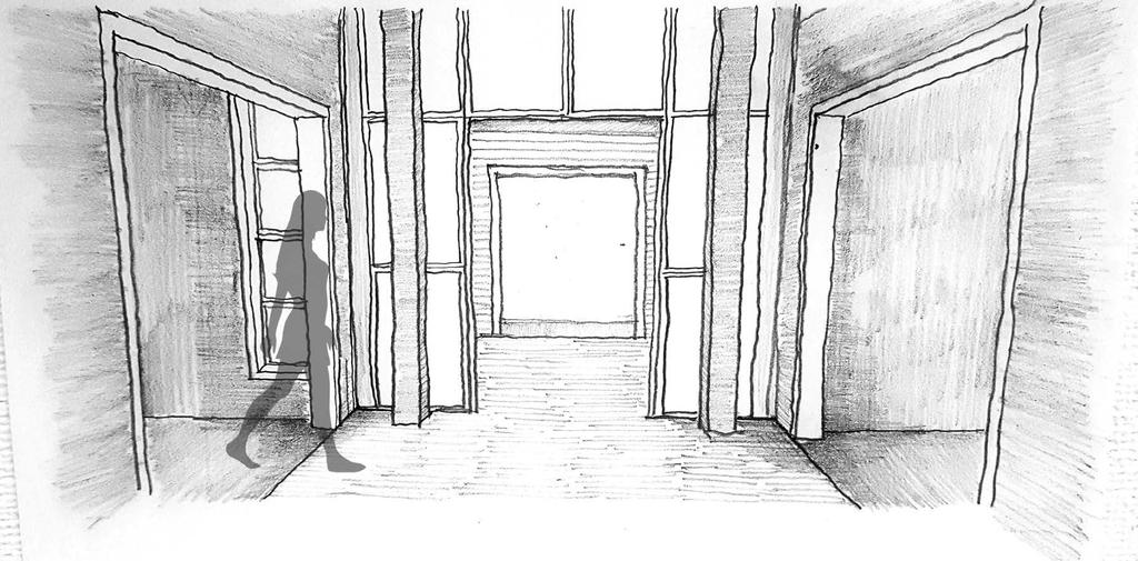 Conceptual sketch - View from entry - Upon entering the entry lobby, one can experience the juxtaposition of the two different architectural languages.