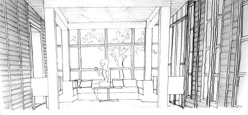 Conceptual sketch - View upon entering family living from outdoors - Upon entering the family living from outdoors, the juxtaposition of the two different architectural languages can be experienced