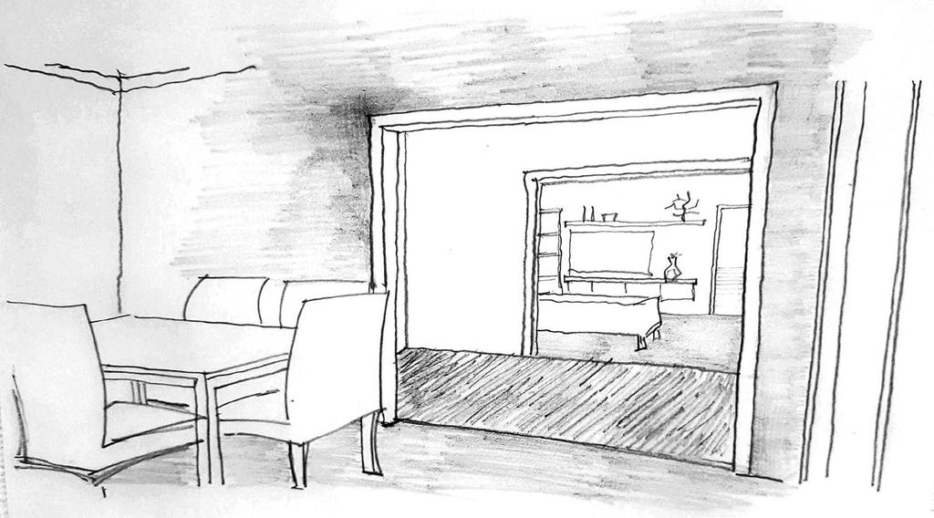 Conceptual sketch - View from dining module towards the living-room module - This view depicts the interior of the prefabricated dining room module looking out towards the living room