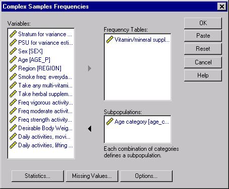 101 Complex Samples Frequencies Figure 11-2 Complex Samples Frequencies dialog box Select Vitamin/mineral