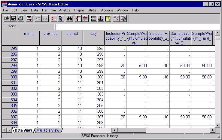 85 Complex Samples Sampling Wizard Sample Results Figure 9-23 Data ditor with sample results You can see the sampling results in the Data ditor.