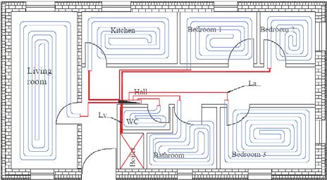 RESULTS The calculation method was used for a small one-family house with a floor area of 101 m 2 (Figure 2). Figure 2. Layout of house with floor heating and radiator heating.