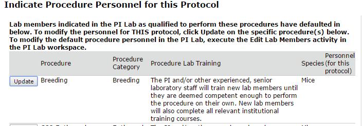 VIII. Indicate Procedure Personnel for this Protocol Click Update beside each procedure to attach personnel who have been trained and will perform said procedures (see above screenshot).