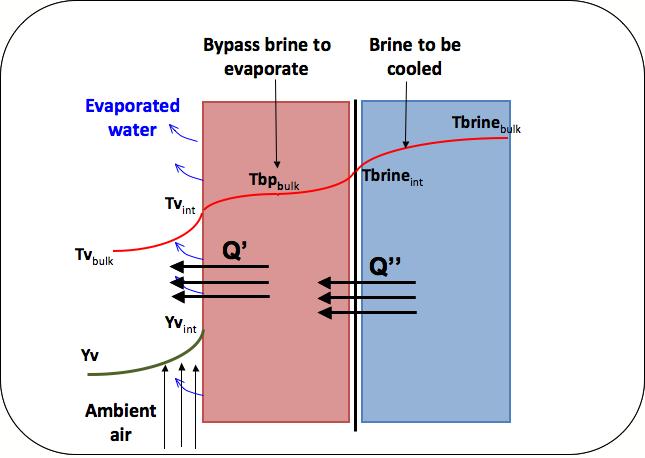 The evaporation of part of this brine generates its cooling and the cooling of the polymeric surface itself. Moreover the brine is further concentrated due to the evaporation.