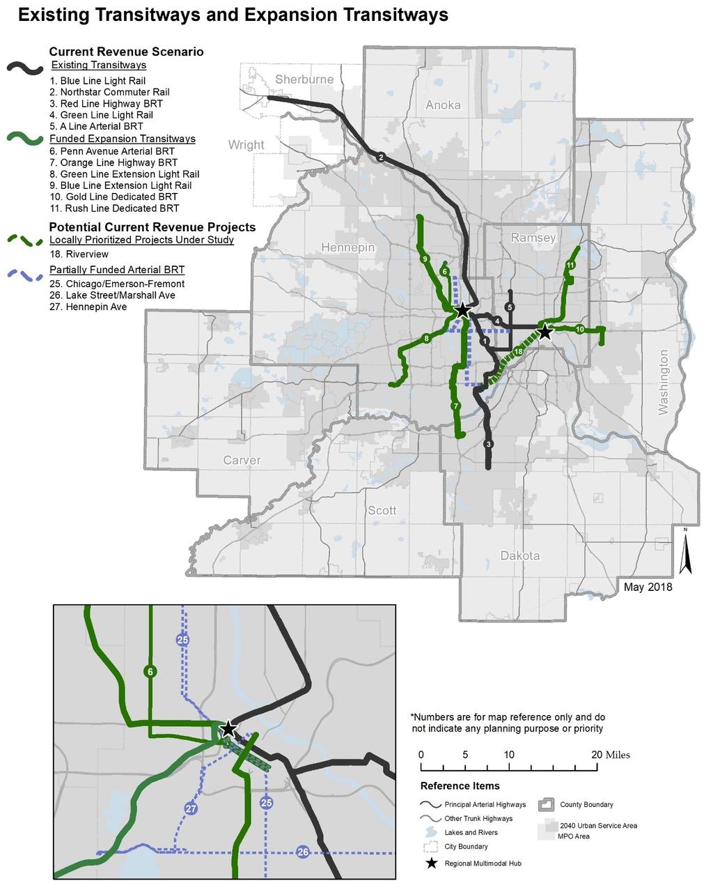 Figure 6-8: Map of Existing Transitways and Current Revenue Scenario Expansion Transitways 2040