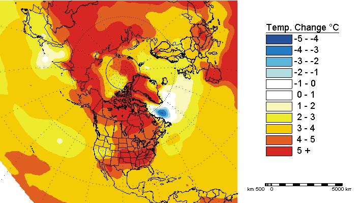 Projected Summer Temperature Change Between 1975-1995 and 2080-2100 Combined