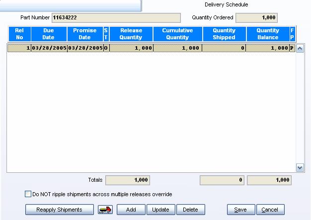 Sales Order Detail Delivery Schedule Tab Visual EstiTrack is enabled with the feature to create multiple delivery releases of a Sales Order Line item.
