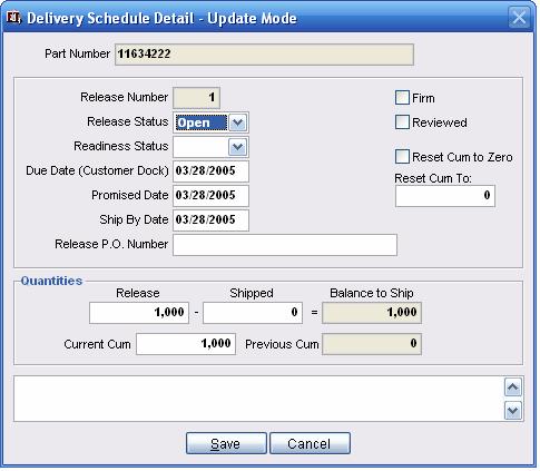 Delivery Schedule Detail Update Mode The Delivery Schedule Detail form displayed below is to either add a shipment release or maintain existing releases.