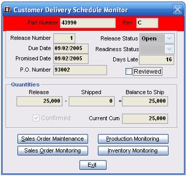 Customer Delivery Schedule Monitor The Customer Delivery Schedule Monitor provides an at-a-glance summary of an individual Sales Order Line Item Delivery Schedule.