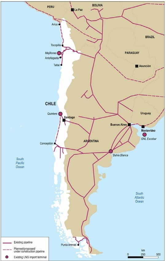 Infrastructure and Key Data (2016) NG production: Net import: Share of NG: LNG terminals: - GNL Mejillones - GNL Quintero Principal binational pipelines: - NorAndino - GasAtacama - GasAndes -