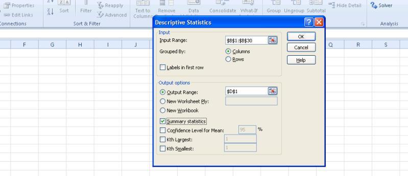Figure 1.3: Data Analysis Dialog Box Figure 1.4: Output of Descriptive Statistics using Data Analysis Add-In Figure 1.4 shows the various summary measures that we have discussed above.