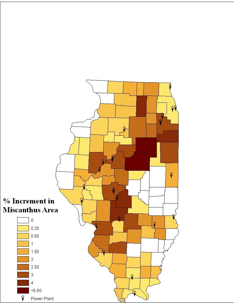County Share of Miscanthus Acres with 10MMT C Target County Share in Increased