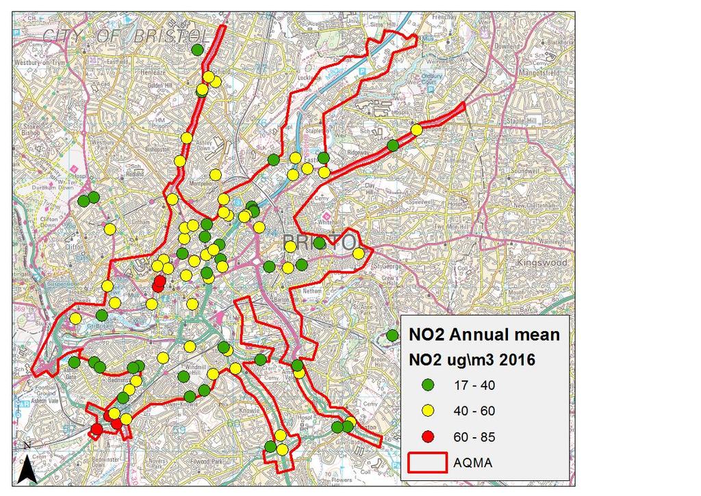 Figure 1 Annual Mean NO2 concentrations in Bristol (2016) taken from BCC s Air Quality Annual Status report, 2017 To understand the air quality problem in Bristol, we have collected data from an