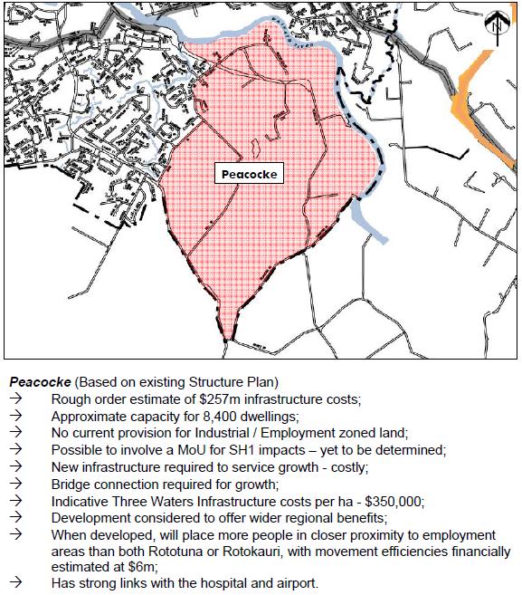 Figure 12: Excerpt from Hamilton Growth Strategy Figure 12 outlines the proposed Peacocke growth area on a spatial map and lists infrastructure requirements underneath the map including cost