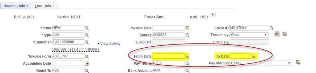 6. Complete the Bill Header. This is where you set up defaults for your bill. a. Most of the pertinent header information will default in. b. Bill activity dates and Purchase Order information can be set at the header level, but neither will be completed by default.