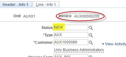 e. Your bill will be assigned an Invoice number and the status will be NEW 7. Add Bill Header Note if desired/standard for your auxiliary. a. Using the navigation pane, select Header Note b.
