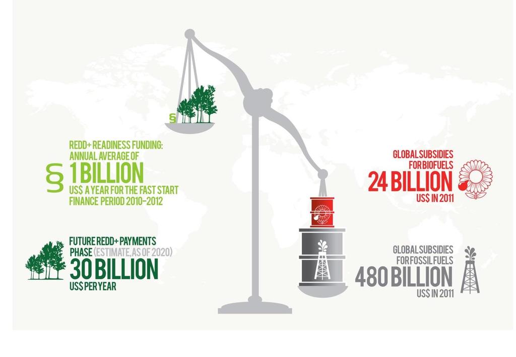 However: funding for forests and REDD+ is very small compared to subsides for business