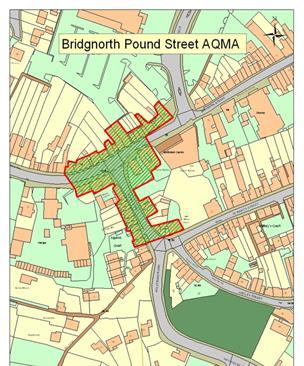 Figure 1: AQMA in Shrewsbury Town Centre and Bridgnorth Within the Shrewsbury AQMA 12 properties exist which are considered likely to still exceed the nationally set objective levels.