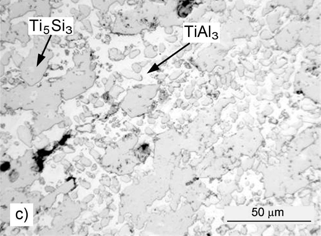 METAL 2009 Fig.1. Microstructure of materials prepared by reactive sintering at 900 C for 30 min: a) TiAl20Si10, b) TiAl20Si15, c) TiAl20Si20, d) TiAl10Si20.