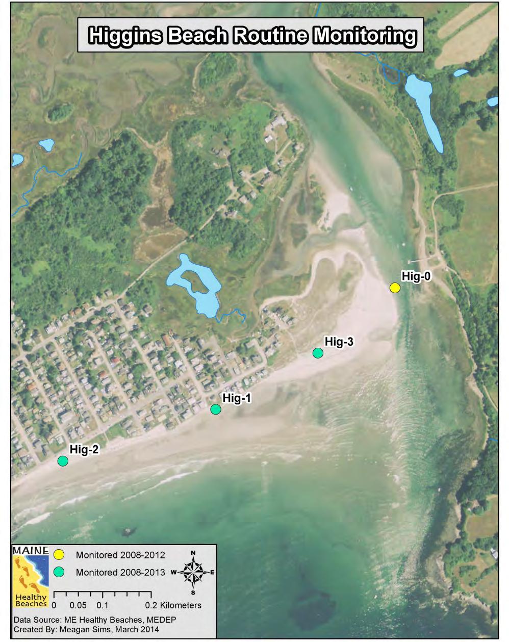 Figure 2. Routine monitoring sites on Higgins Beach, Scarborough, Maine. Geomean Enterococci (MPN/1ml) 4 3 2 1 EPA Enterococci Safety Level Hig- Hig-1 Hig-2 Hig-3 Monitoring Sites Figure 3.
